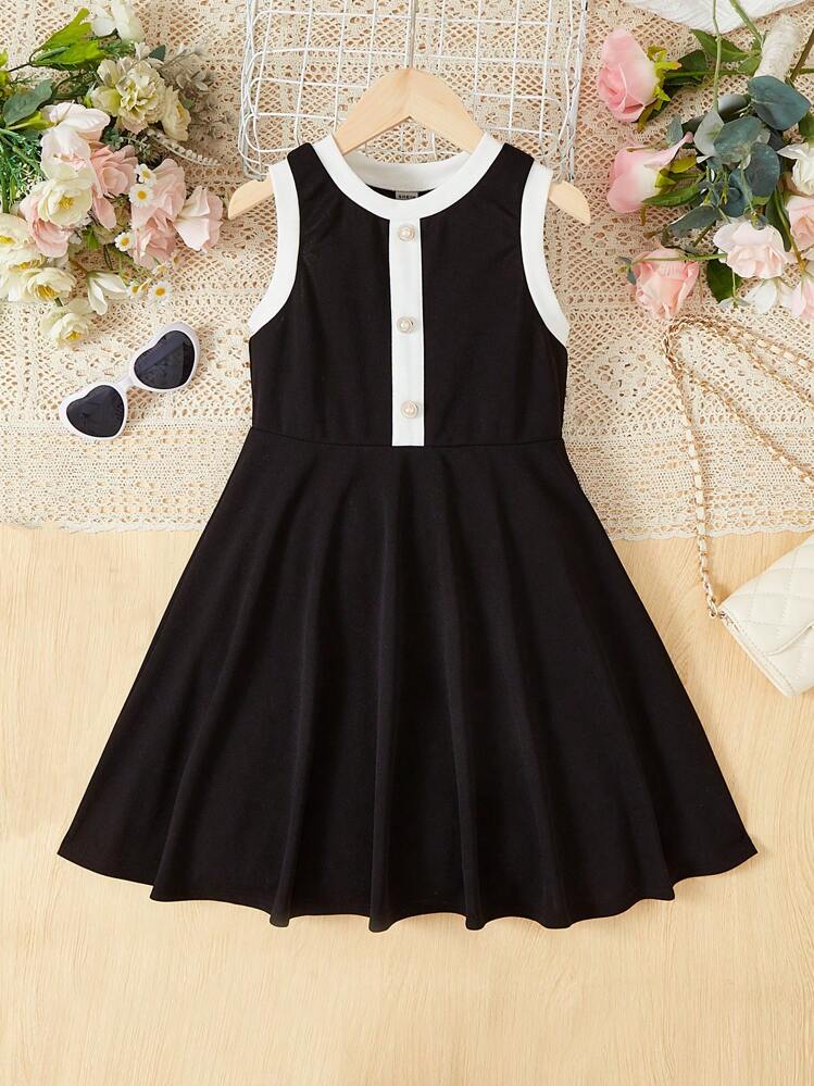 Tween Girl Contrast Trim Button Front Dress - Black - View 1