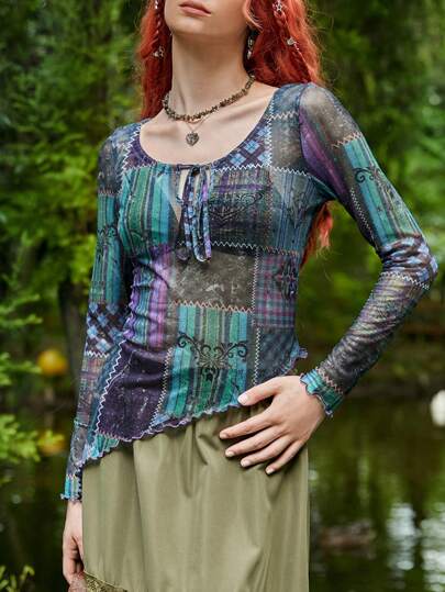 Top con estampado de retazo con cordón delantero ribete en forma de lechuga de malla sin sujetador