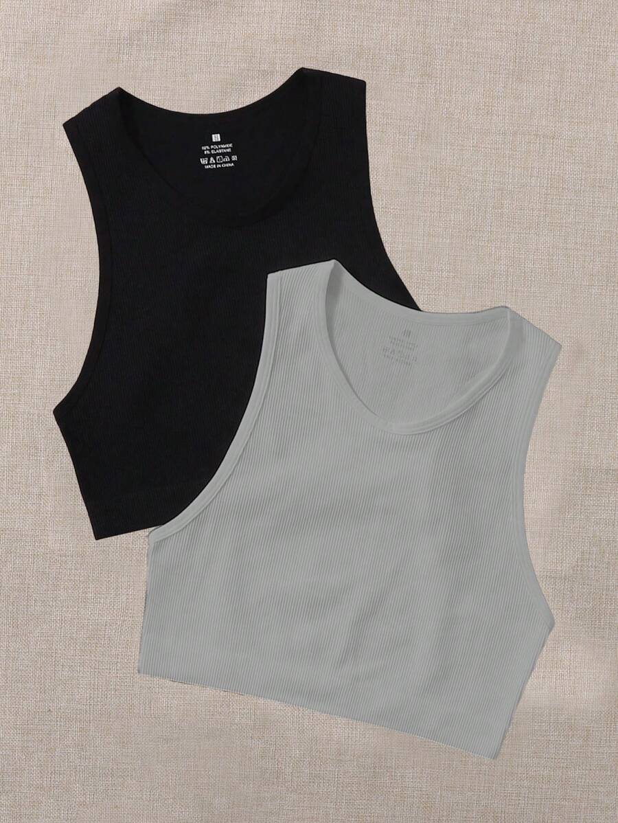 SHEIN Yoga Basic 2pcs Solid Ribbed Knit Sports Tank Top - Multicolor - View 1