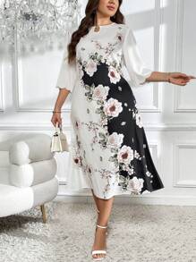 SHEIN Clasi Váy cổ khoét họa tiết hoa Colorblock cỡ lớn - Đen và trắng - Xem 1