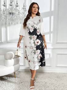 SHEIN Clasi Váy cổ khoét họa tiết hoa Colorblock cỡ lớn - Đen và trắng - Xem 3