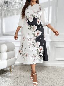 SHEIN Clasi Váy cổ khoét họa tiết hoa Colorblock cỡ lớn - Đen và trắng - Xem 4