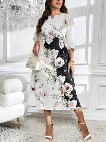 SHEIN Clasi Váy cổ khoét họa tiết hoa Colorblock cỡ lớn - Đen và trắng - Xem 5