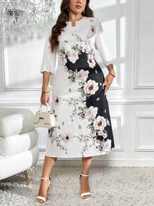 SHEIN Clasi Váy cổ khoét họa tiết hoa Colorblock cỡ lớn - Đen và trắng - Xem 6