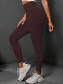 SHEIN Yoga Basic Solid Wideband Waist Sports Leggings - Coffee Brown - View 2