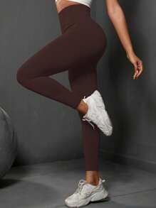 SHEIN Yoga Basic Solid Wideband Waist Sports Leggings - Coffee Brown - View 3