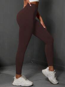 SHEIN Yoga Basic Solid Wideband Waist Sports Leggings - Coffee Brown - View 4