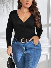 SHEIN Clasi 大碼交疊領T恤 - 黑色 - 查看 1