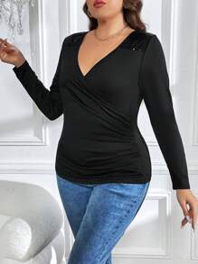 SHEIN Clasi 大碼交疊領T恤 - 黑色 - 查看 2