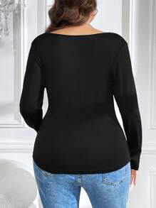 SHEIN Clasi 大碼交疊領T恤 - 黑色 - 查看 3