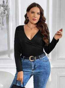 SHEIN Clasi 大碼交疊領T恤 - 黑色 - 查看 4