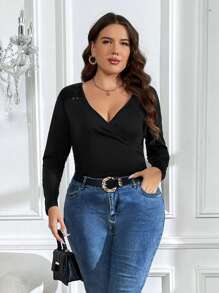 SHEIN Clasi 大碼交疊領T恤 - 黑色 - 查看 5