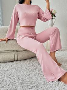 Chất rắn Chi tiết Nút Áo thun & Quần ống loe - Màu Hồng baby - Xem 5