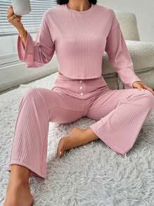 Chất rắn Chi tiết Nút Áo thun & Quần ống loe - Màu Hồng baby - Xem 1