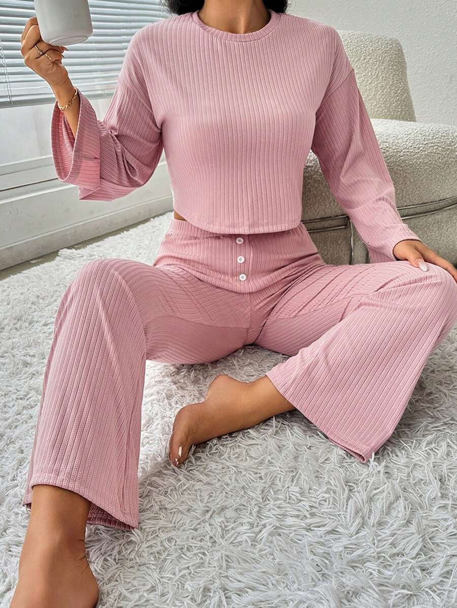 Chất rắn Chi tiết Nút Áo thun & Quần ống loe - Màu Hồng baby - Xem 1