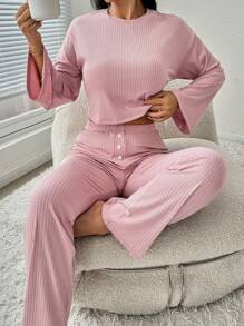 Chất rắn Chi tiết Nút Áo thun & Quần ống loe - Màu Hồng baby - Xem 3