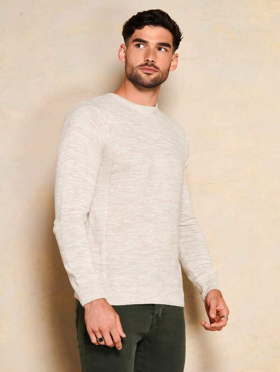 SHEIN Cottnline Men Solid Ribbed Knit Sweater - Beige - View 1