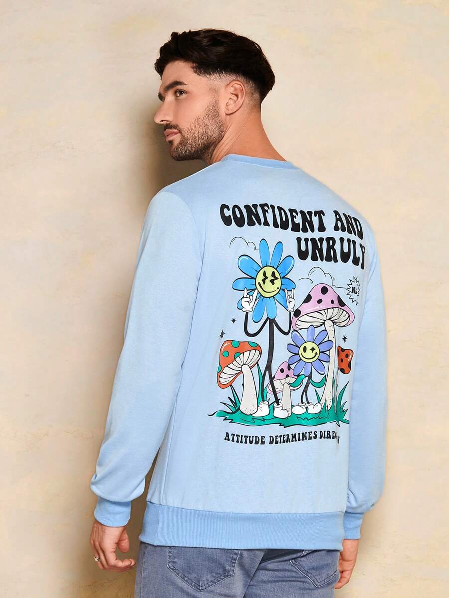 RueChic Men Cartoon & Slogan Graphic Sweatshirt - Blue - View 1
