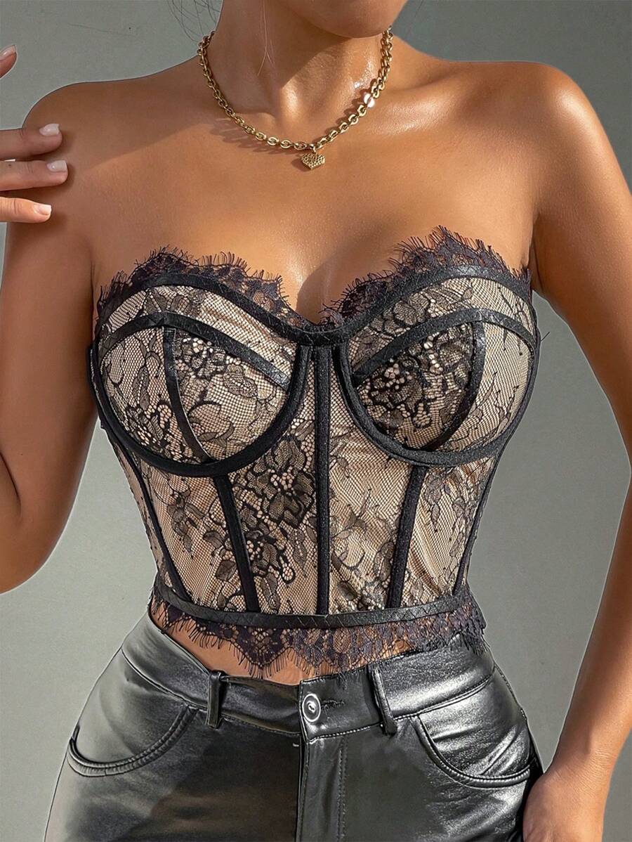 Allurite 拼接睫毛蕾絲緊身上衣短款抹胸上衣