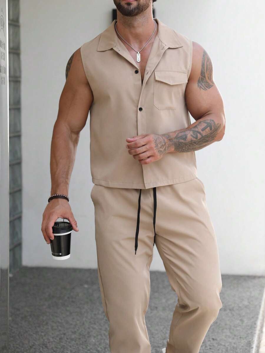 Manfinity Homme Nam Túi có nắp Áo sơ mi & Eo dây rút Quần - Màu Khaki - Xem 1