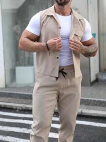 Manfinity Homme Nam Túi có nắp Áo sơ mi & Eo dây rút Quần - Màu Khaki - Xem 5