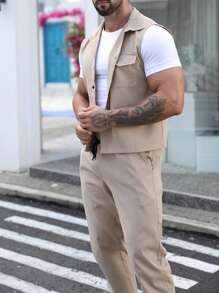 Manfinity Homme Nam Túi có nắp Áo sơ mi & Eo dây rút Quần - Màu Khaki - Xem 7