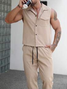 Manfinity Homme Nam Túi có nắp Áo sơ mi & Eo dây rút Quần - Màu Khaki - Xem 8