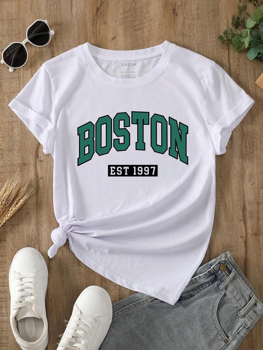 INAWLY 字母图案 T 恤 图案 T 恤 女式上衣 - 白色 - 查看 1