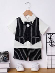 SHEIN Baby Jungen Streifen, Schleife vorne, 2 in 1 Shirt mit & Shorts mit