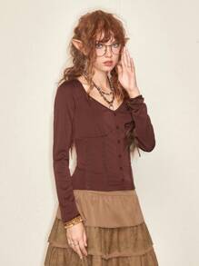 ROMWE Fairycore Chất rắn Nút phía trước Áo thun - Cà phê nâu - Xem 3