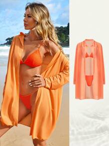 SHEIN Swim Plain Triangle Bikini Set For Summer Beach With Kimono - Orange - View 1