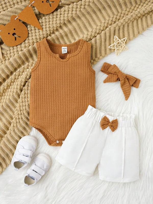 SHEIN Baby Girl Waffle Knit Bodysuit & Bow Front Shorts & Headband
