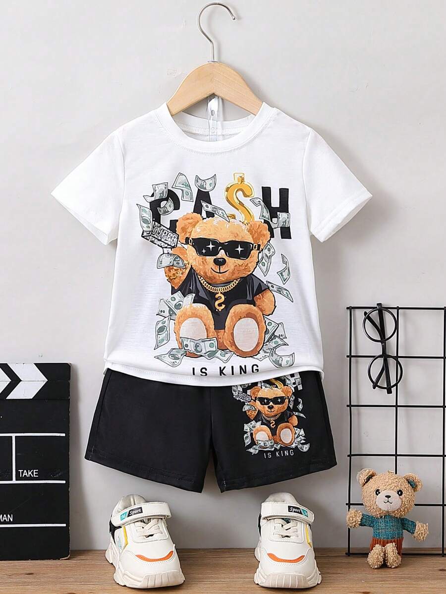 SHEIN Summer,Holiday,TravelerYoung Boy Black & White Cartoon Letter Printed Streetwear Cool Regular Sleeve Round Neck 2pcs Outfit For Summer - Black and White - View 1
