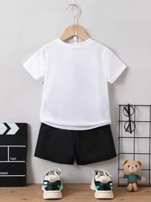 SHEIN Summer,Holiday,TravelerYoung Boy Black & White Cartoon Letter Printed Streetwear Cool Regular Sleeve Round Neck 2pcs Outfit For Summer - Black and White - View 2