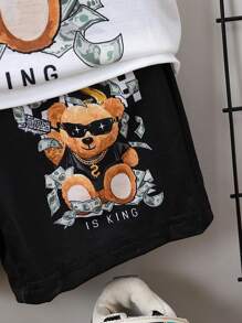 SHEIN Summer,Holiday,TravelerYoung Boy Black & White Cartoon Letter Printed Streetwear Cool Regular Sleeve Round Neck 2pcs Outfit For Summer - Black and White - View 3