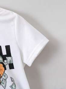 SHEIN Summer,Holiday,TravelerYoung Boy Black & White Cartoon Letter Printed Streetwear Cool Regular Sleeve Round Neck 2pcs Outfit For Summer - Black and White - View 4