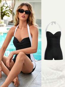 SHEIN Swim Khối màu Xù Dây Đồ bơi một mảnh - Đen và trắng - Xem 1
