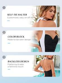 SHEIN Swim Khối màu Xù Dây Đồ bơi một mảnh - Đen và trắng - Xem 3