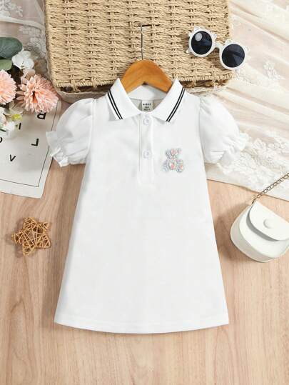 SHEIN Baby Girl Summer Casual Puff Sleeve Polo Collar Dress With Bear Patch