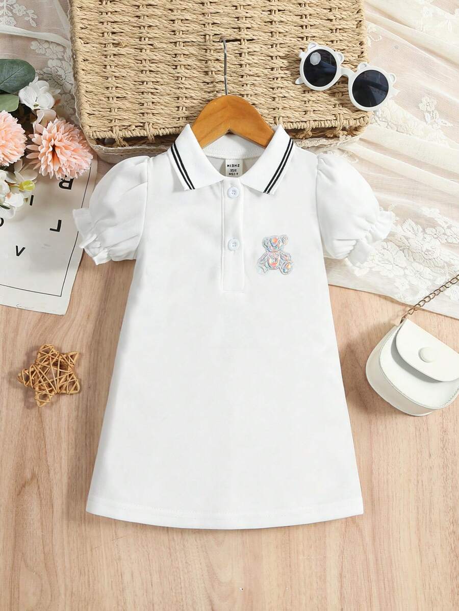 SHEIN Baby Girl Summer Casual Puff Sleeve Polo Collar Dress With Bear Patch - White - View 1
