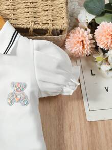 SHEIN Baby Girl Summer Casual Puff Sleeve Polo Collar Dress With Bear Patch - White - View 3