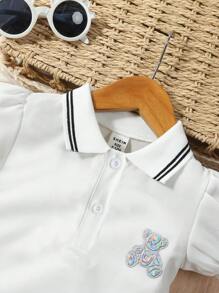 SHEIN Baby Girl Summer Casual Puff Sleeve Polo Collar Dress With Bear Patch - White - View 5