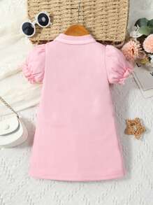 SHEIN Baby Girl Summer Casual Puff Sleeve Polo Collar Dress With Teddy Bear Patch - Pink - View 2