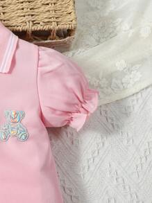 SHEIN Baby Girl Summer Casual Puff Sleeve Polo Collar Dress With Teddy Bear Patch - Pink - View 4