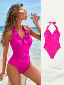 SHEIN Swim Viền Ruffle Xù Dây Đồ bơi một mảnh - Màu Hồng Tươi - Xem 1