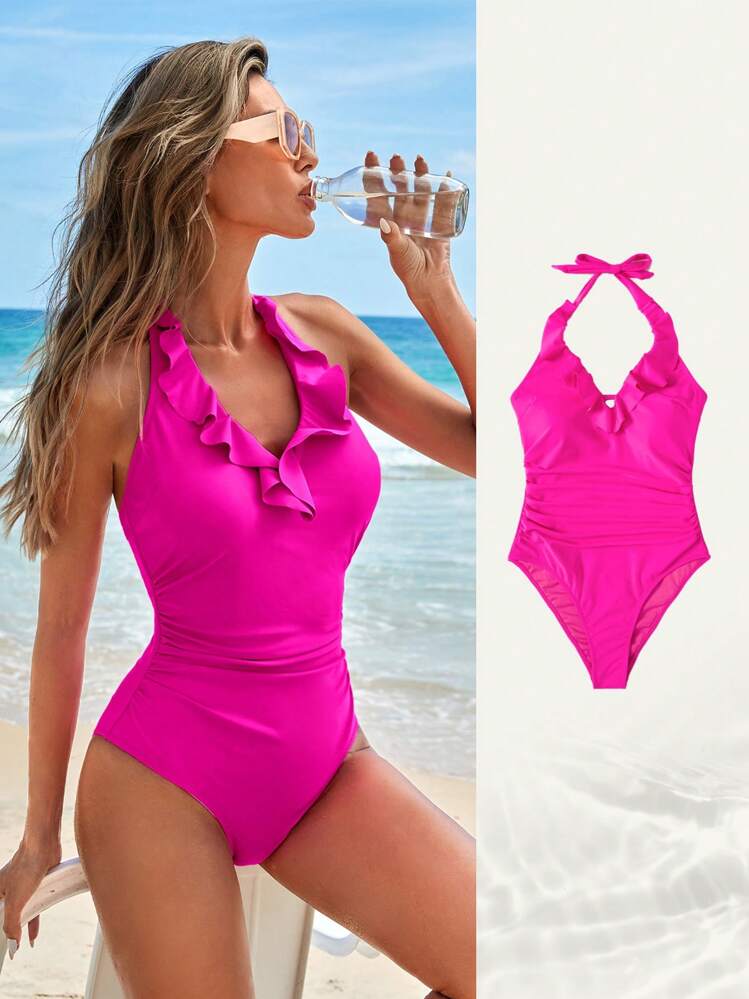 SHEIN Swim 荷葉邊褶邊吊脖連體泳衣 - 玫紅色 - 查看 1