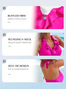 SHEIN Swim Viền Ruffle Xù Dây Đồ bơi một mảnh - Màu Hồng Tươi - Xem 3