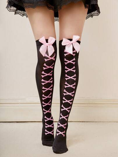 ROMWE J-Fashion 1pair Women Bone Print Bow Decor Over The Knee Socks