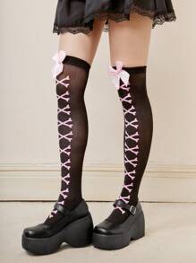 ROMWE J-Fashion 1pair Women Bone Print Bow Decor Over The Knee Socks - Multicolor - View 2