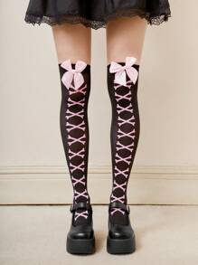 ROMWE J-Fashion 1pair Women Bone Print Bow Decor Over The Knee Socks - Multicolor - View 3